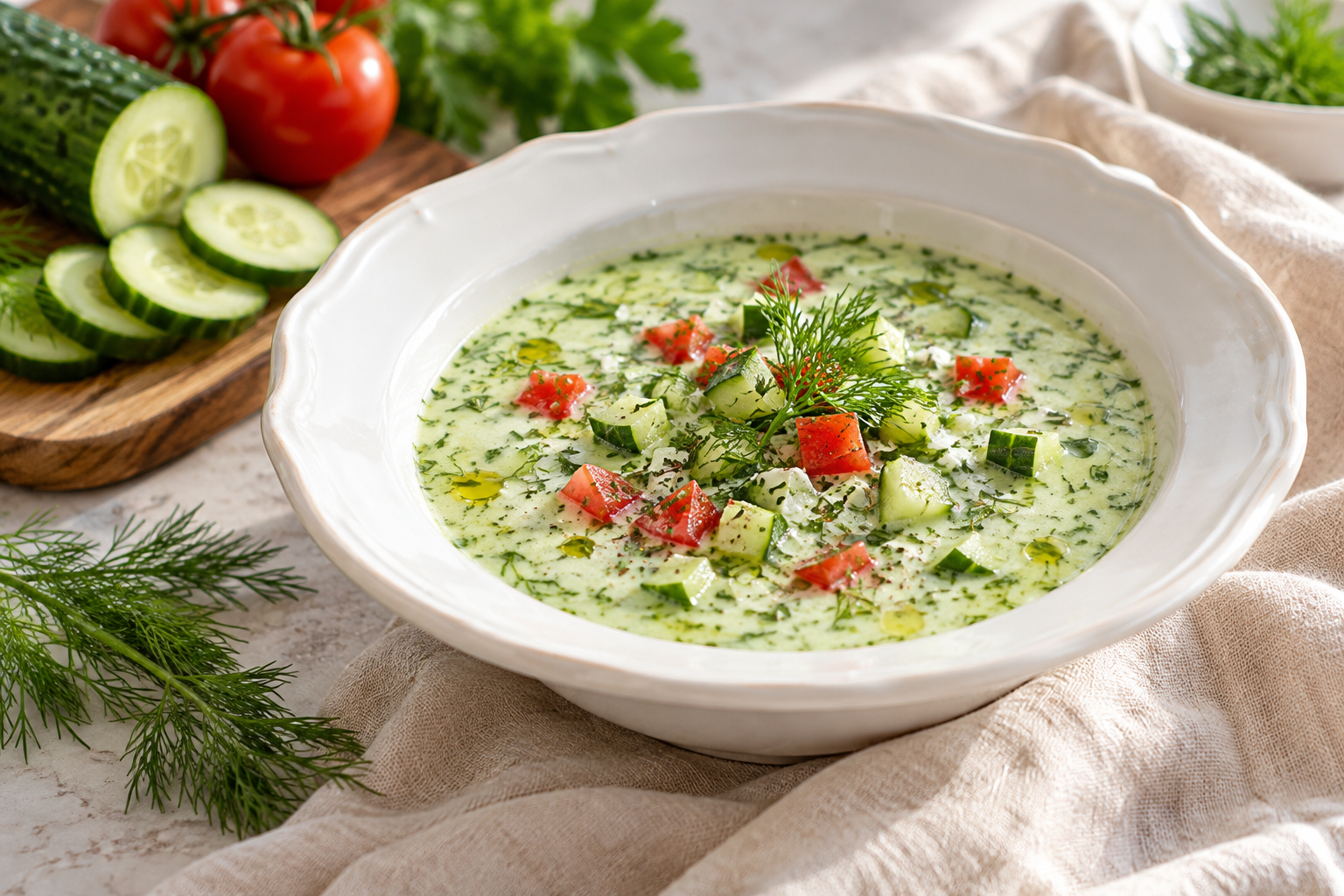 Gurken-Kräutersüppchen mit Tomatenwürfeln