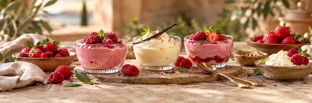 Süße Desserts im Glas mit Beeren und Vanille