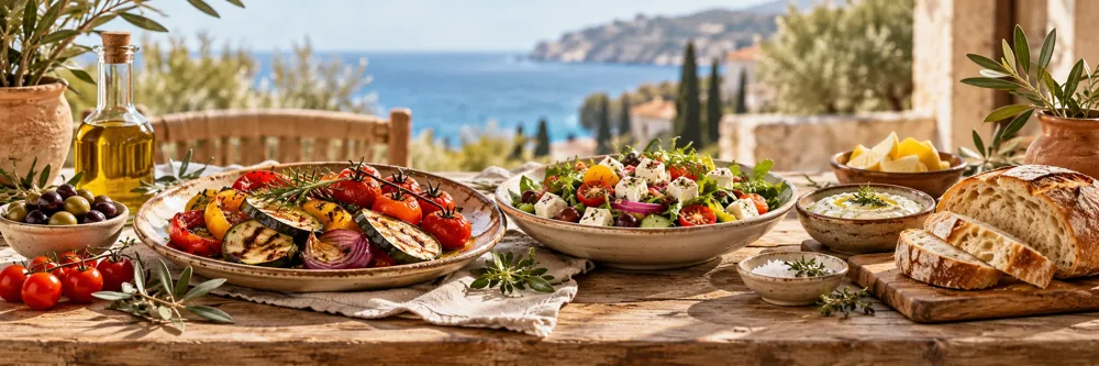 Mediterrane Speisen mit Gemüse, Salat und frischem Brot