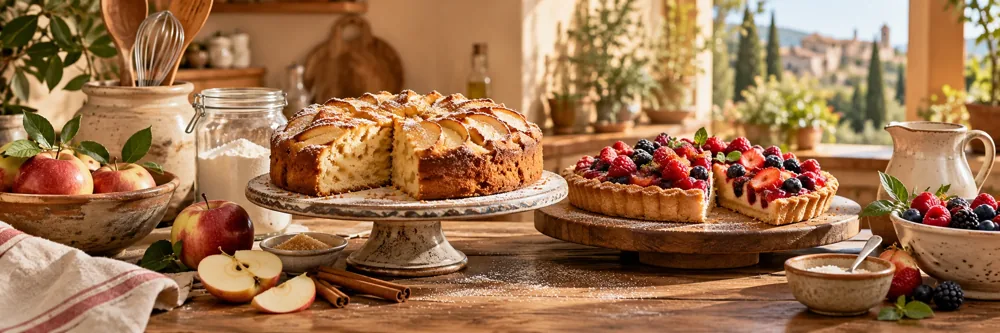 Apfelkuchen und Beerentarte auf einer gedeckten Kaffeetafel