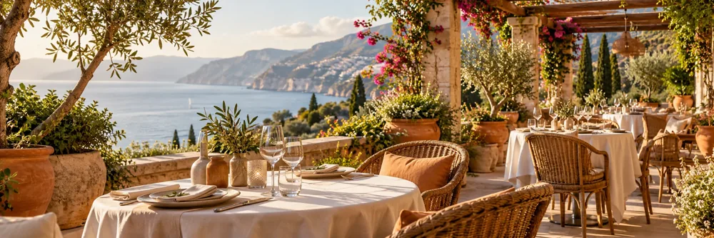 Einladende Restaurantterrasse mit gedeckten Tischen und Meerblick