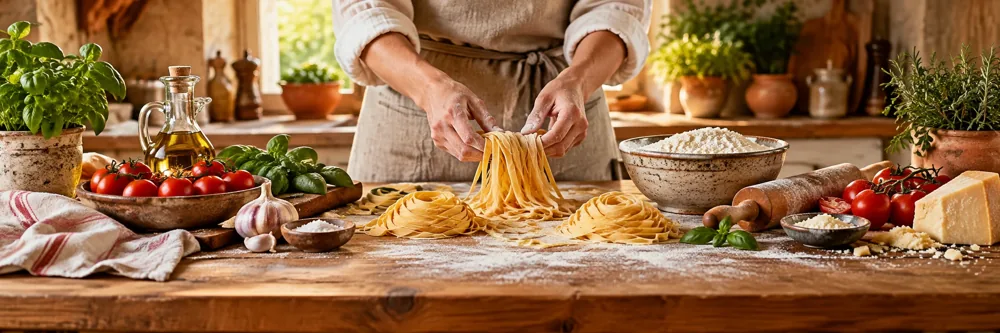 Frische Pasta wird mit Mehl, Kräutern und Tomaten vorbereitet