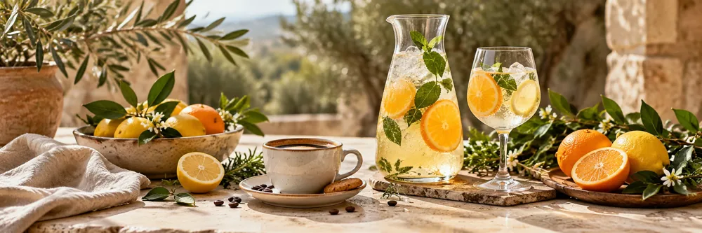 Kaffee und erfrischende Getränke mit Zitrusfrüchten